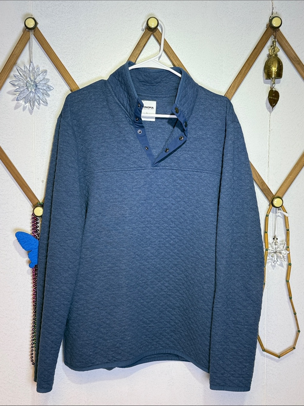 Sonoma Quilted Navy Snap-Placket Mock Neck Pullover